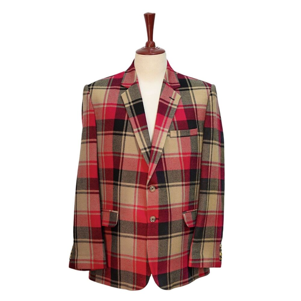 Mens Wool Sport Coat 42L Red Tan Black Tartan Plaid Blazer 2 Button Wedding Prom